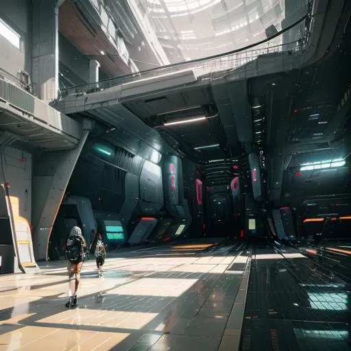 a man walking through a futuristic building with a large ceiling