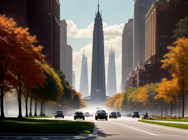 cars driving down a street in a city with tall buildings