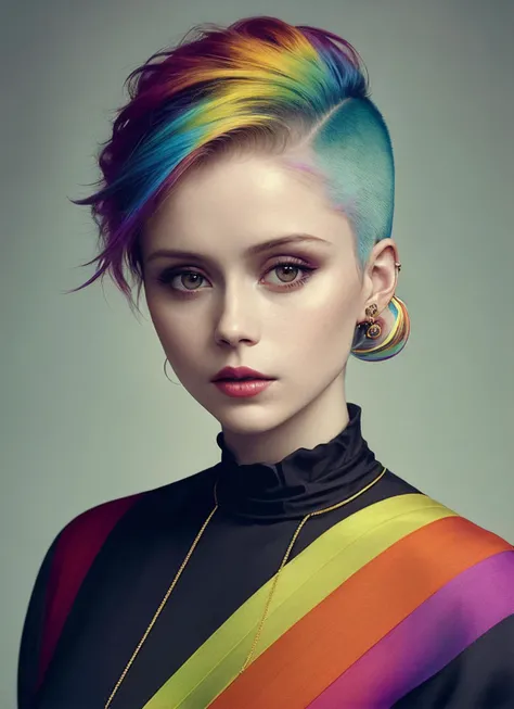 portrait of sks woman by Flora Borsi, style by Flora Borsi, bold, bright colours, rainbow Mohawk haircut, ((Flora Borsi)), <lora:locon_erinmoriarty_v1_from_v1_64_32:1>