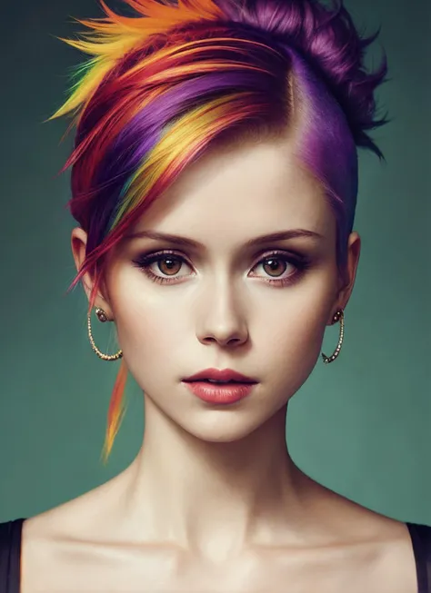 portrait of sks woman by Flora Borsi, style by Flora Borsi, bold, bright colours, rainbow Mohawk haircut, ((Flora Borsi)), <lora:locon_erinmoriarty_v1_from_v1_64_32:1>