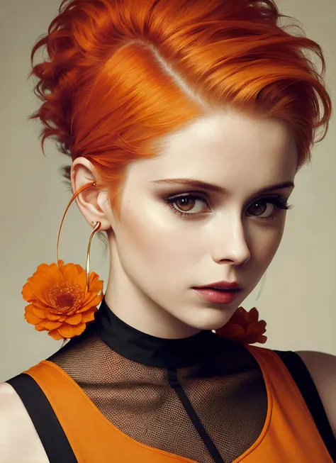 portrait of sks woman by Flora Borsi, style by Flora Borsi, bold, bright colours, orange Mohawk haircut, ((Flora Borsi)), <lora:locon_erinmoriarty_v1_from_v1_64_32:1>