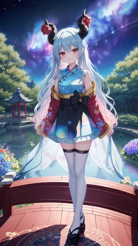 masterpiece, best quality, Siren-shaped eyes, (anime:1.5), (solo girl:1), (1girl:1), (Hanfu:1.5), (pale blue hair:1.5), (red eyes:1.5), (black horns:1.5), medium breast, (wavy hair), (long hair), milf, (lake:1), (fluffy skirt:1.5), (on wind:1), (puffy circ...