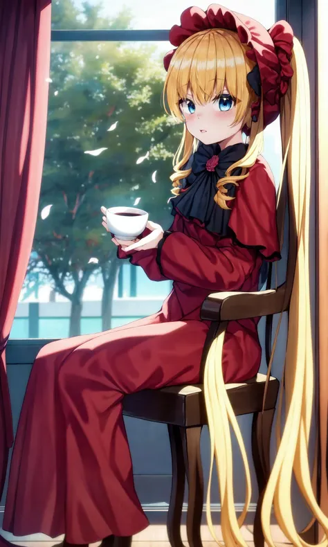 masterpiece, best quality, highly detailed, 1 girl,  <lora:shinku:0.8>, Red dress, blue eyes, yellow hair, long hair, twin tails, shinku,  Sitting on a chair and drinking tea, Sitting in a plush chair drinking black tea, the breeze blowing the curtains, th...