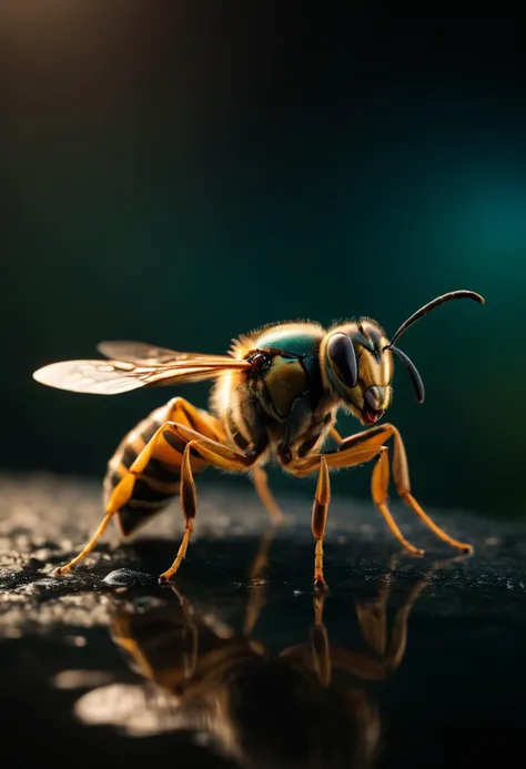 a close up of a bee on a surface with a dark background