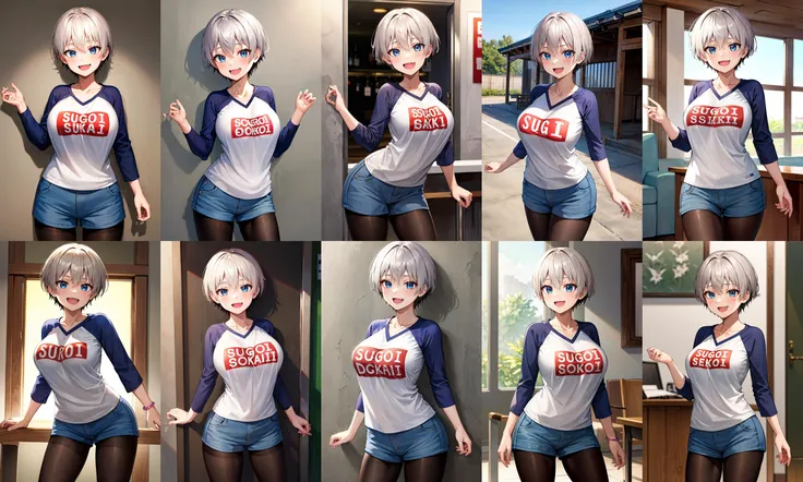 masterpiece, best quality, highres, uh1, shirt, raglan sleeves, romaji text, clothes writing, collarbone, long sleeves, denim shorts, pantyhose, fang, <lora:uzaki_hana:0.7>, cowboy shot, standing, smile