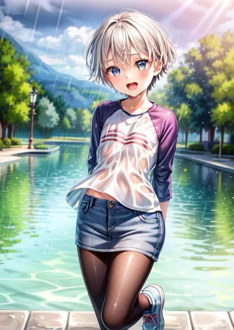 1girl,uh1,  open mouth, black pantyhose, skirt, denim skirt, raglan sleeves,  flat chest:1.4, full body, outdoors, lake, looking at viewer, jumping,jump, rain, covered nipples, wet clothes, wet, arms behind back, 
<lora:uzaki_hana:0.8> <lora:hairdetailer:0...