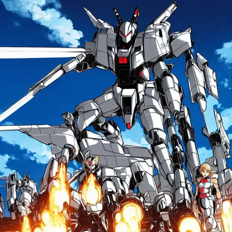 anime characters standing in front of a giant robot with flames