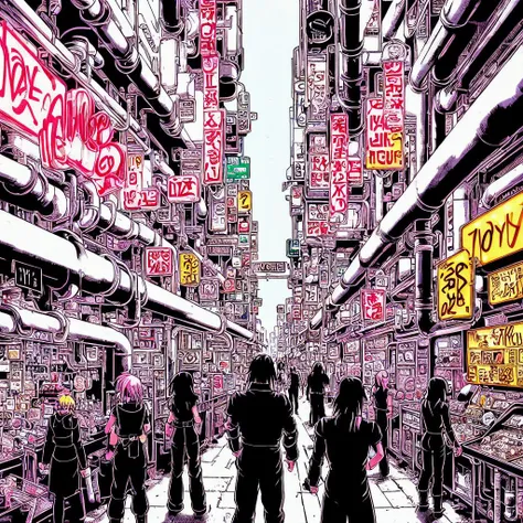 illustration of a crowded street with neon signs and people walking