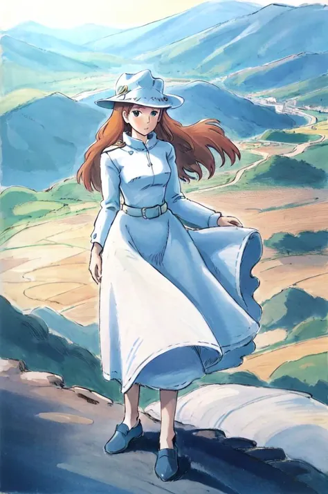 NausicaaC,1girl, white dress, in a valley overlooking the ocean, windmills, hat, <lora:NausicaaC002:0.7>,