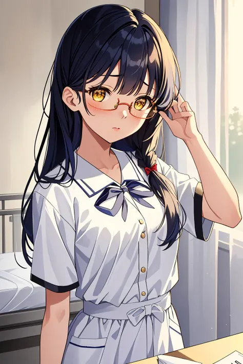 ((masterpiece, best quality, high quality)),1girl, (hospital), <lora:infirmary_v0.1:0.5> infirmary,  <lora:Aya Kawasaki:0.7> (1girl, 3dcg 02, aya kawasaki, bangs, dark blue hair, glasses, hair over shoulder, long hair, ribbon bangs, small breasts, solo, st...