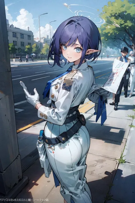 (masterpiece, top quality, best quality, official art, beautiful and aesthetic:1.2),  1girl, solo, looking at viewer, smile,Aoi, DefaultOutfit, solo, butt, looking back, standing, gloves, outdoor, <lora:BAaoi:0.9>