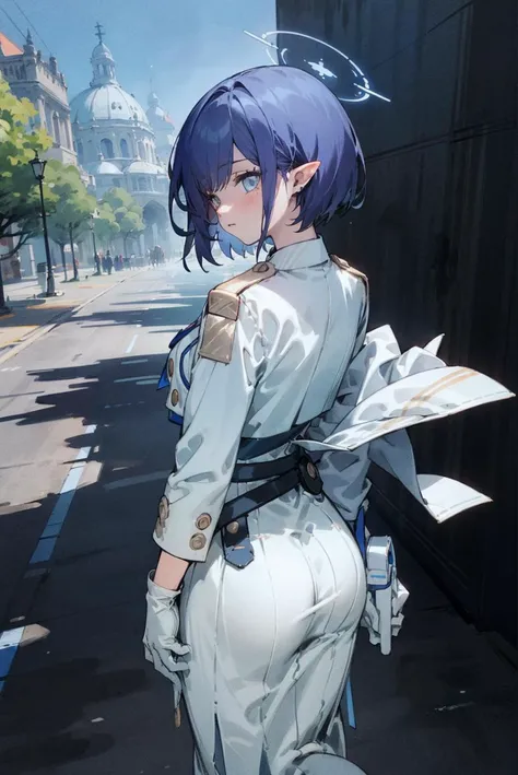 (masterpiece, top quality, best quality, official art, beautiful and aesthetic:1.2), Aoi, DefaultOutfit, solo, 1girl, back, butt, looking back, standing, gloves, outdoor, <lora:BAaoi:0.9>