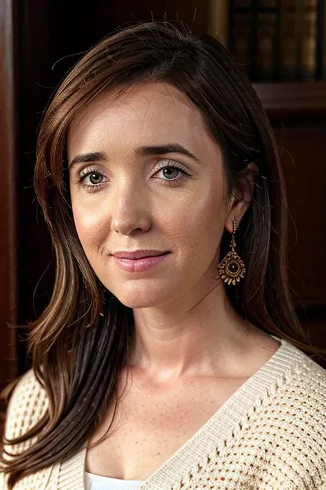 a close up of a woman with long hair and a sweater