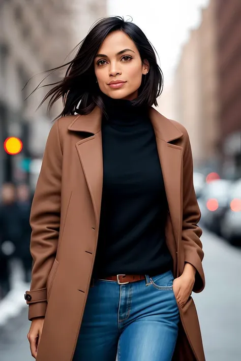 photo of (r0sd4wn-1325:0.99), a woman, RAW, close portrait photo, long brown coat, turtleneck sweater, long haircut, slim body, (high detailed skin:1.2), 8k uhd, dslr, soft lighting, high quality, film grain, Fujifilm XT3 sharp focus, f 5.6