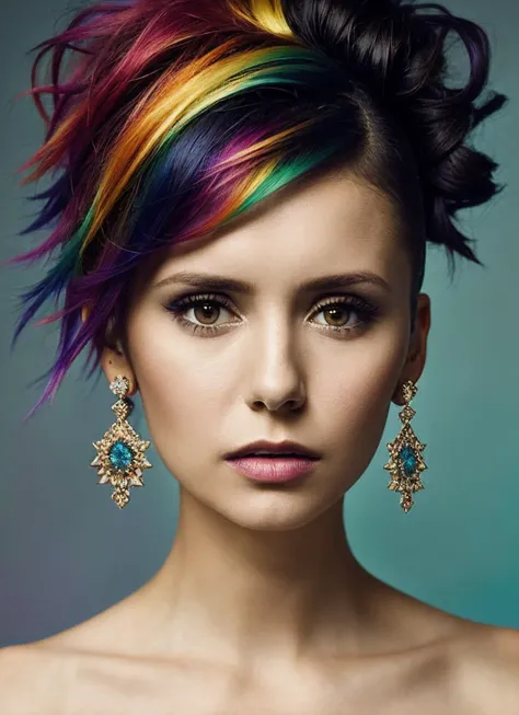 portrait of sks woman by Flora Borsi, style by Flora Borsi, bold, bright colours, rainbow Mohawk haircut, ((Flora Borsi)), <lora:locon_nina_v1_from_v1_64_32:1.3>