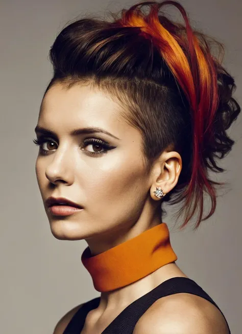 analog style, modelshoot style, portrait of sks woman by Flora Borsi, style by Flora Borsi, bold, bright colours, orange Mohawk haircut, ((Flora Borsi)), <lora:locon_nina_v1_from_v1_64_32:1.3>