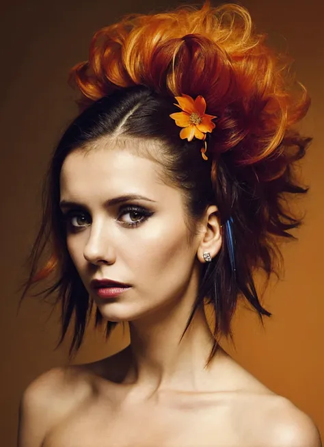 portrait of sks woman by Flora Borsi, style by Flora Borsi, bold, bright colours, orange Mohawk haircut, ((Flora Borsi)), <lora:locon_nina_v1_from_v1_64_32:1.3>