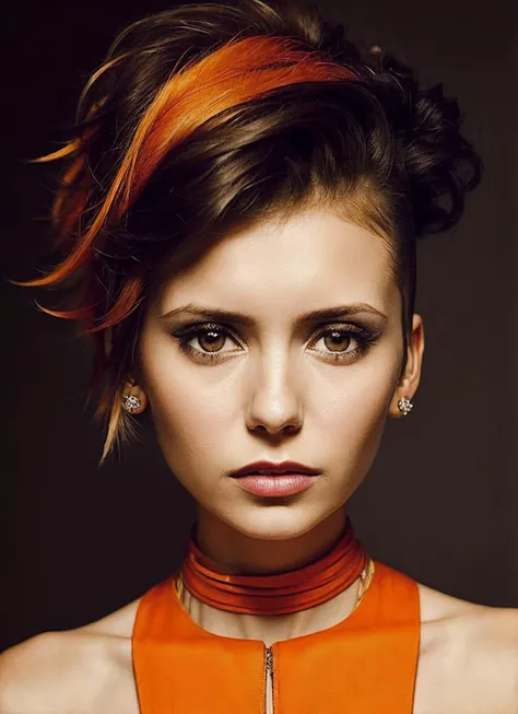 portrait of sks woman by Flora Borsi, style by Flora Borsi, bold, bright colours, orange Mohawk haircut, ((Flora Borsi)), <lora:locon_nina_v1_from_v1_64_32:1.3>