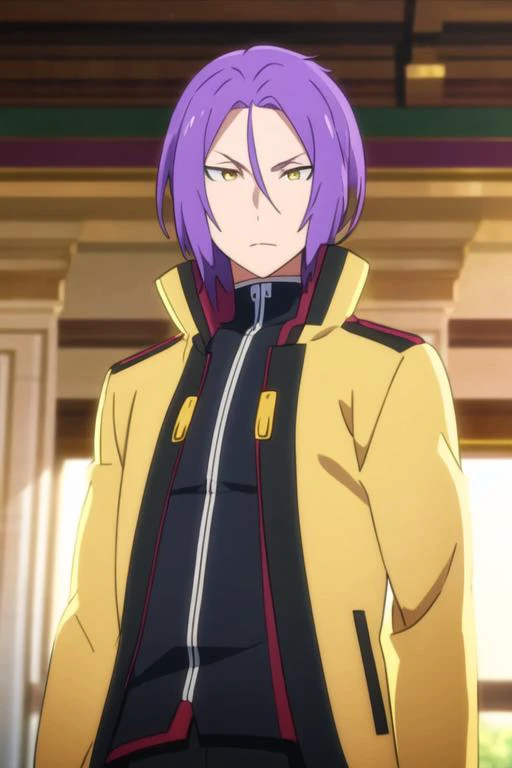 masterpiece, best quality, illustration, 1boy, solo, male focus, looking at viewer, , , <lora:julius_euclius:0.68>, julius_euclius, purple hair, yellow eyes, jacket