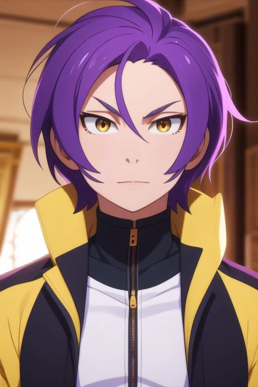 masterpiece, best quality, , 1boy, solo, male focus, looking at viewer, , , <lora:julius_euclius:0.64>, julius_euclius, purple hair, yellow eyes, jacket