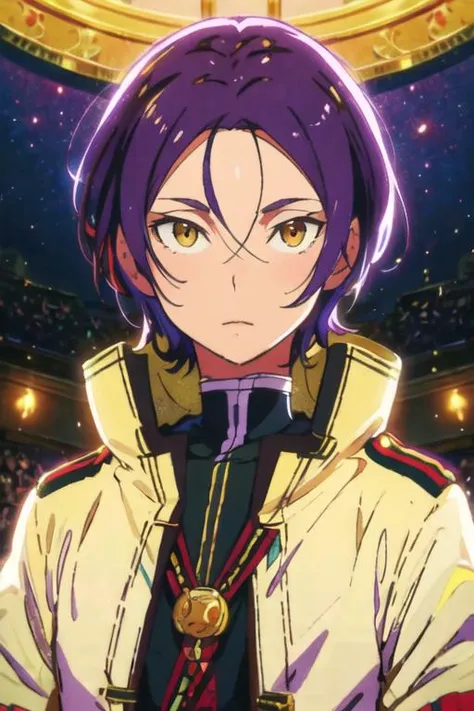 masterpiece, best quality, illustration, 1boy, solo, male focus, looking at viewer, , , <lora:julius_euclius:0.74>, julius_euclius, purple hair, yellow eyes, school uniform