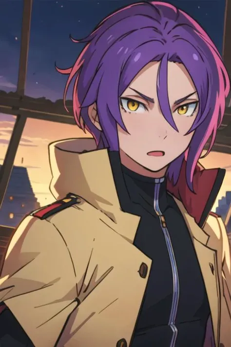 masterpiece, best quality, illustration, 1boy, solo, male focus, looking at viewer, upper body, , <lora:julius_euclius:0.70>, julius_euclius, purple hair, yellow eyes, coat