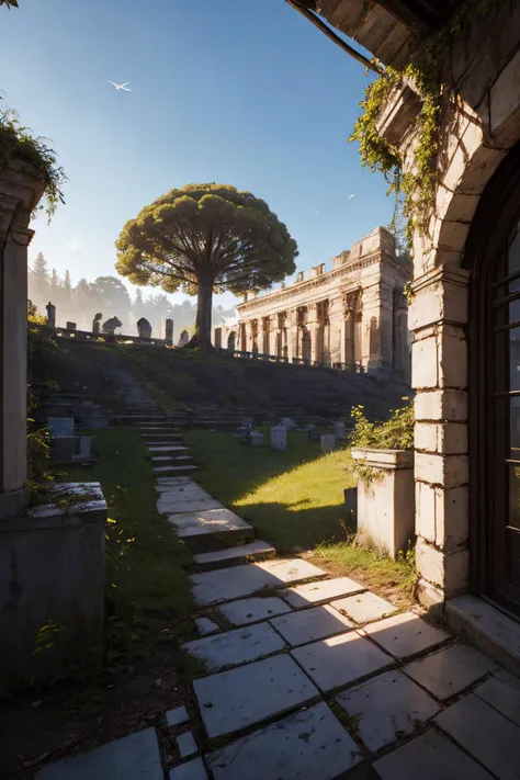 ancient rome mushroom forest, balcony, road, concert hall, moonpunk, sunny, wind, graveyard