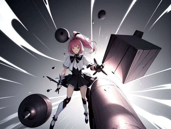 anime girl with pink hair and black dress holding a gun