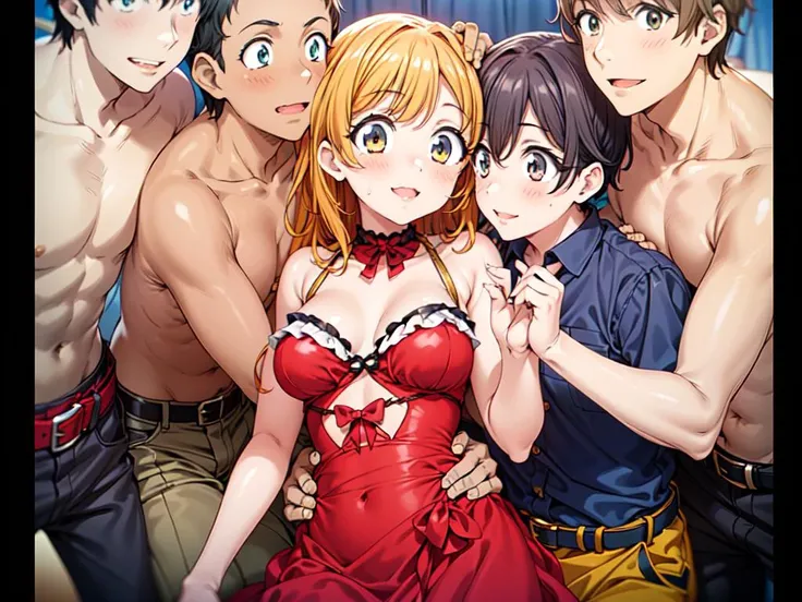 anime characters posing for a picture with a woman in a red dress