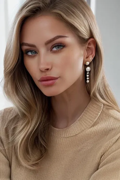 a woman wearing a beige sweater and earrings with pearls