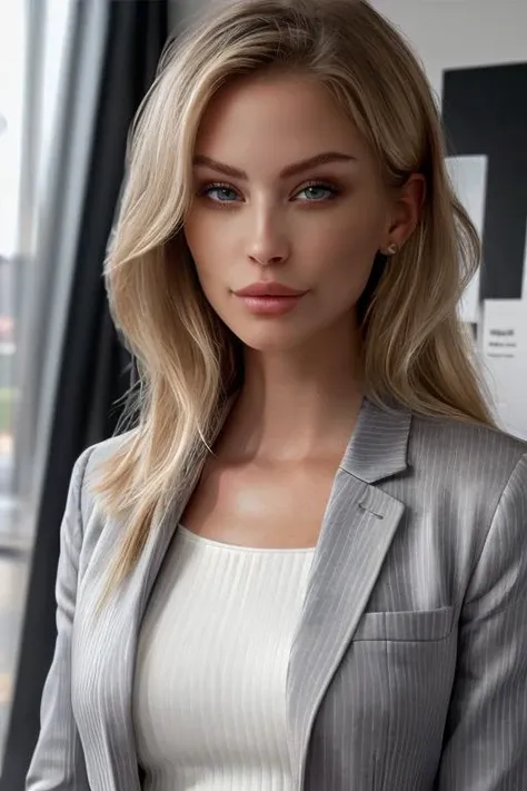 a woman in a gray suit and white top standing by a window