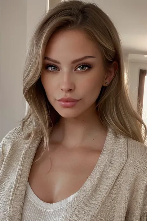 a woman with long blonde hair wearing a white sweater and a white top