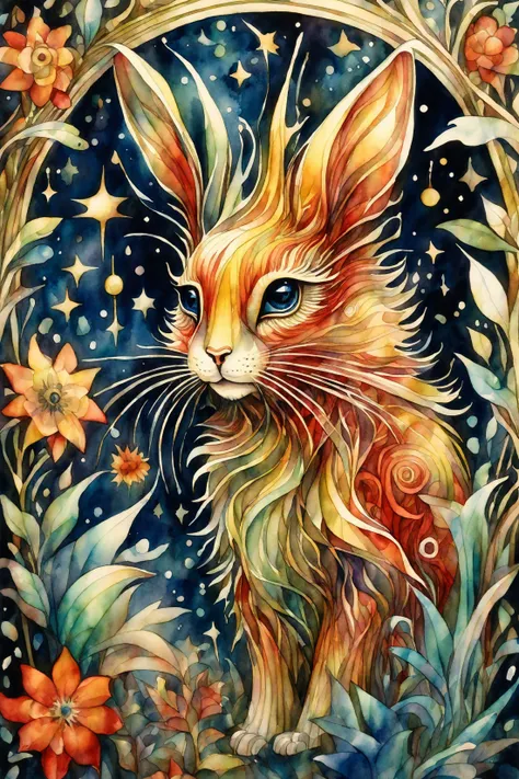 a painting of a rabbit with a wreath of flowers and stars