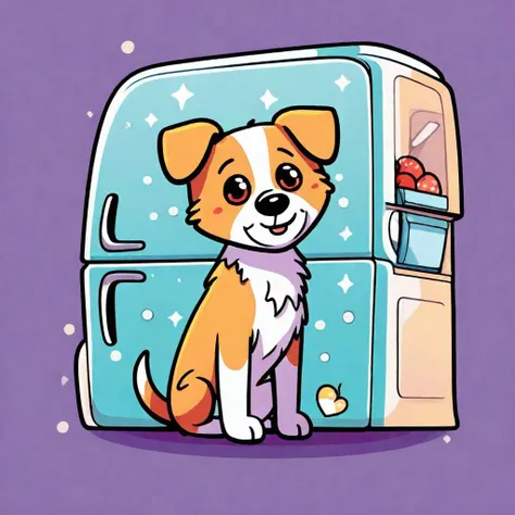 cartoon dog sitting in front of a refrigerator with a bowl of fruit