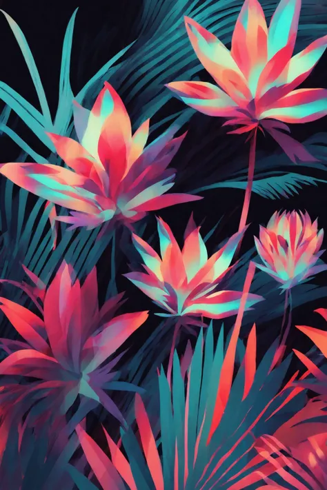 a close up of a bunch of flowers with pink and blue leaves