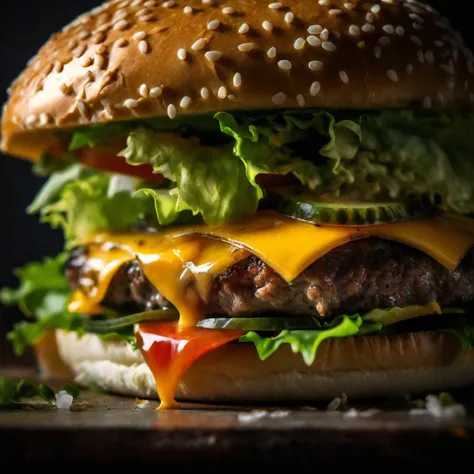 a close up of a hamburger with cheese and lettuce on a wooden board