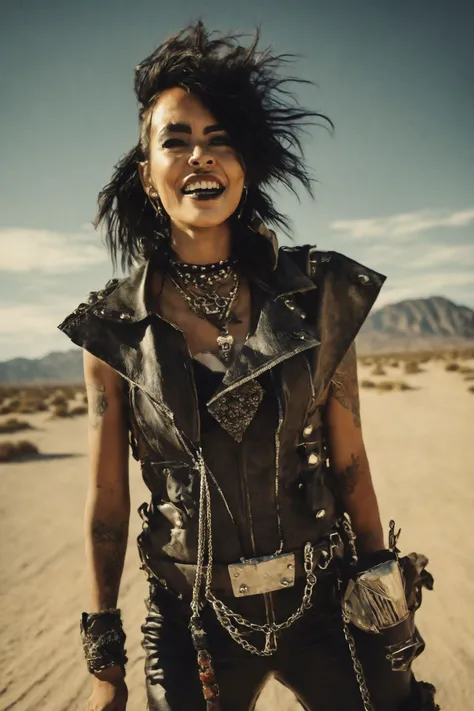 a close up of a person in a leather outfit on a dirt road