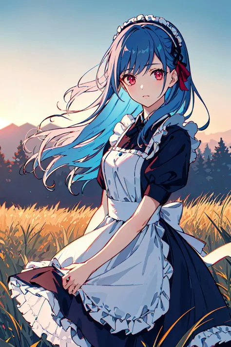 {photorealistic}, 1 girl, gothic maid dress,{blue Hair},{pink Hair accessories},Sky, grassland,red eyes, depth of field,cinematic angle ,backlighting,young girl,<lora:pcr:0.7>redive