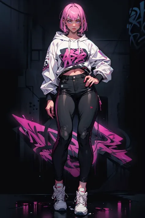 a woman in a white jacket and black pants standing in front of graffiti