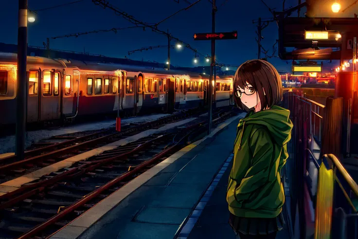 masterpiece,1girl, solo, skirt, pantyhose, short hair, hood, hoodie, glasses, night, brown hair, black pantyhose, hood down, brown eyes, train station, real world location, green hoodie, shoes, pleated skirt, scenery, looking at viewer, standing, railing