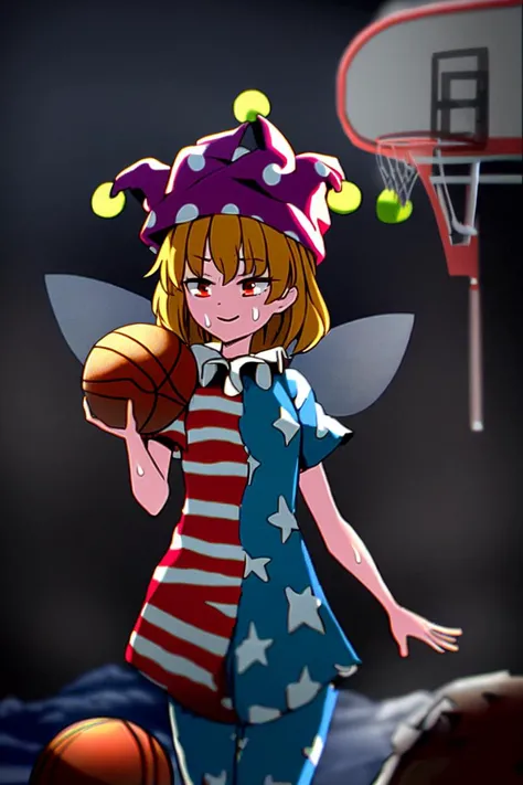 touhou clownpiece slam dunking a basketball, on the surface of the moon, 1girl, blonde, basketball hoop, leaping, moonscape basketball court, carrying basketball, basketball net digital illustration 2.5d, cinematic still, high quality photo, masterpiece, s...