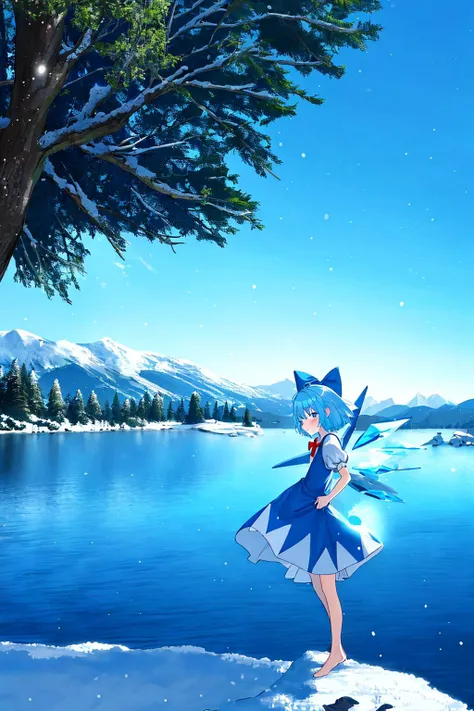 masterpiece,best quality,cirno, 1girl, ice, blue eyes, solo, wings, tree, bow, ice wings, blue hair, hair bow, dress, short sleeves, blue bow, outdoors, puffy sleeves, looking at viewer, blue dress, short hair, puffy short sleeves, snowflakes, barefoot, mo...