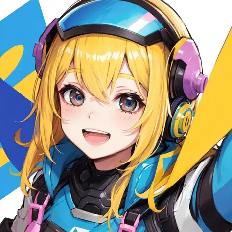 watson apex legends,cute girl,solo,smiling,open mouth,looking at viewer,blonde hair,close shot