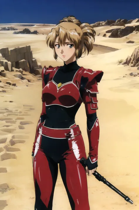 masterpiece, best quality, 1girl, looking at viewer, ultra detailed, <lora:add_detail:0.5>, cowboy shot, <lora:aika_FW:1> , folded ponytail,   (desert, vast dunes, arid landscape, remote:1.3), armor