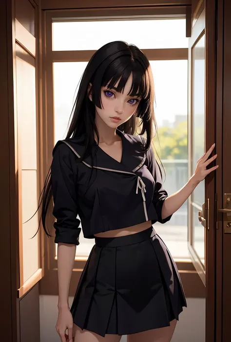 (masterpiece, best quality), 1girl,     <lora:Isayama:0.8> IsayamaAi, purple eyes, black hair, long hair, bangs, blunt bangs, very long hair, skirt, school uniform, serafuku, blunt bangs, black serafuku