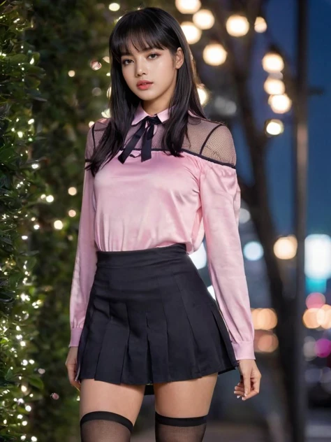 full body, woman, lalisaxl, black hair, bang, detailed face, natural skin, wearing pink shirt and black mini skirt, black mesh stocking, , hard shadows, night, city light, outdoor, bokeh, solo, masterpiece, best quality, high resolution, ultra realistic, H...