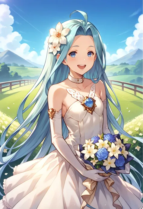 a woman with long blue hair and a white dress holding a bouquet