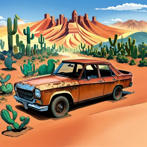 illustration of an old car in the desert with cactus trees