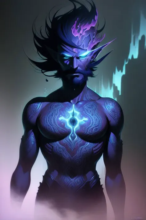 a man with a glowing face and a purple body