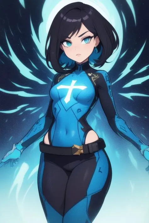 a woman in a blue outfit with wings on her chest